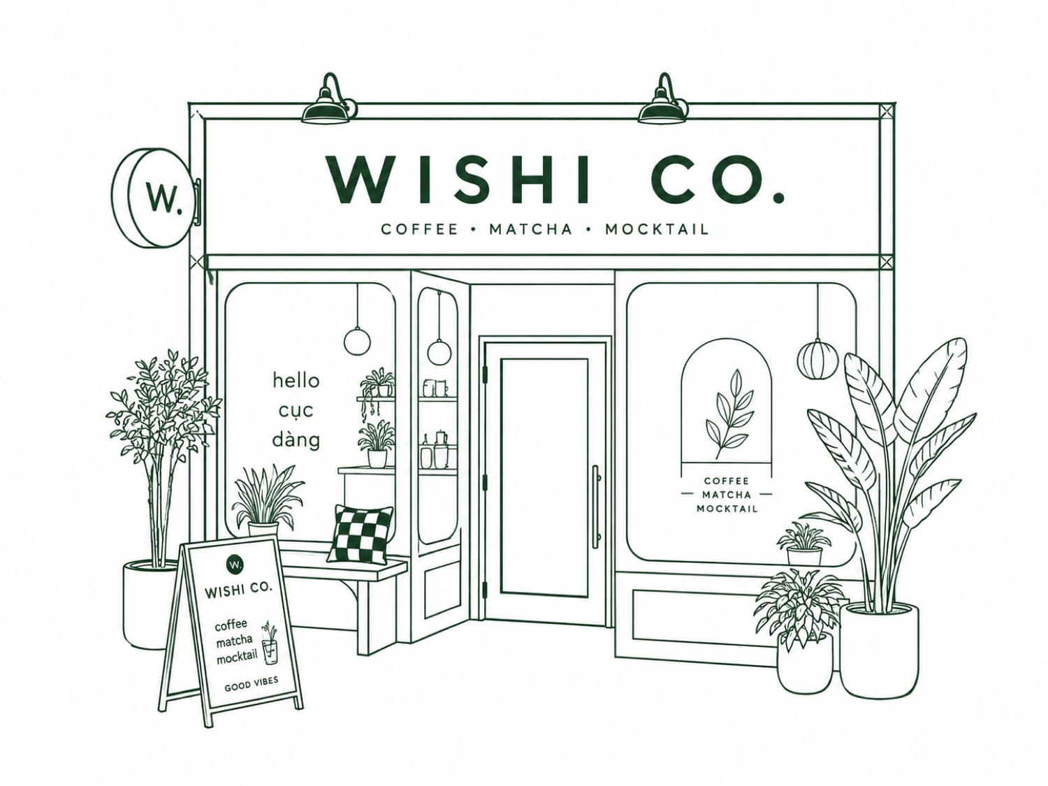 Illustration of the Wishi Co. storefront on Nicollet Avenue — the sign, front windows and plants.